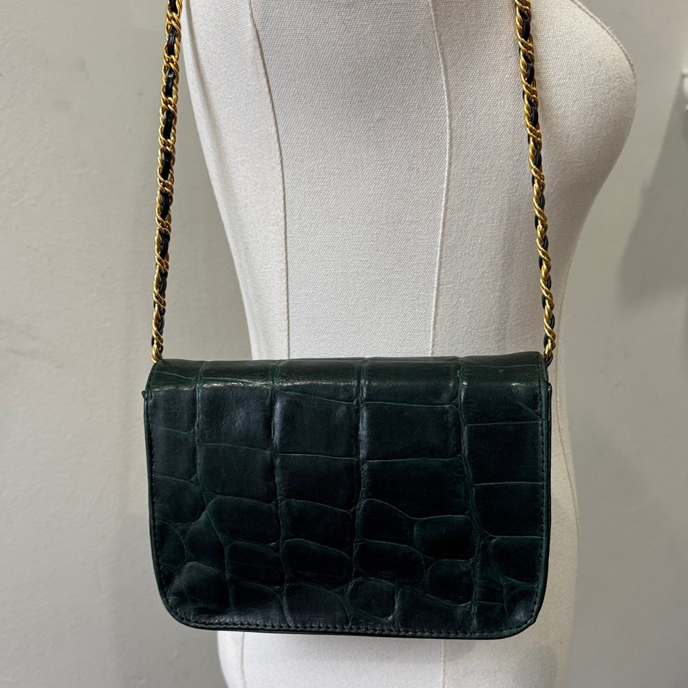 Vintage L.J. Simone New York Crocodile-Embossed Leather Bag – Deep Forest Green - Picture 3 of 11